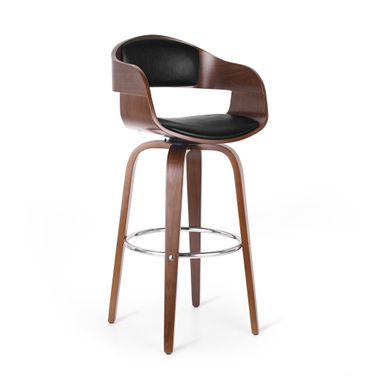Upholstered Swivel Barstool with Wood Frame and Chrome Footrest In Walnut and Black