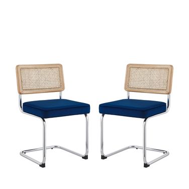 Upholstered Velvet Dining Side Chairs Set of 2 In Navy Blue and Silver