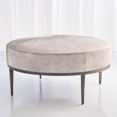 Urban Ottoman With Grey Hair On Hide In Antique Gunmetal