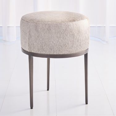 Urban Stool With Grey Hair On Hide In Antique Gunmetal