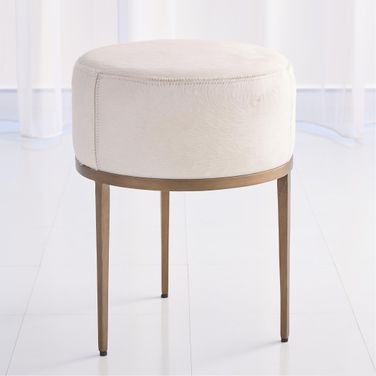 Urban Stool With Ivory Hair On Hide In Antique Brass