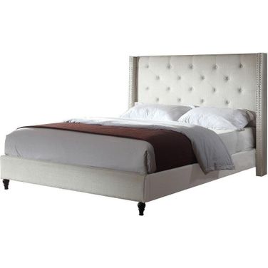 Valentina Fabric Upholstered Wingback Queen Platform Bed In Beige