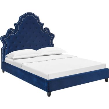 Valentina Navy Queen Tufted Nailhead Performance Velvet Platform Bed