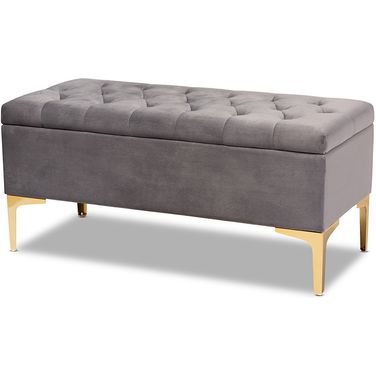 Valere Glam And Luxe Grey Velvet Fabric Upholstered Gold Finished Button Tufted Storage Ottoman