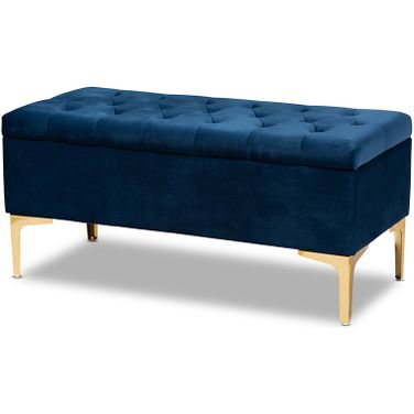 Valere Glam And Luxe Navy Blue Velvet Fabric Upholstered Gold Finished Button Tufted Storage Ottoman