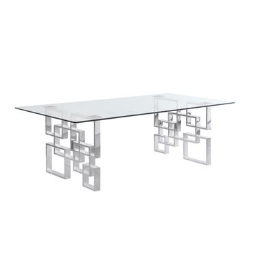 Vanna Big Glass Dining Table In Clear Tempered Glass Top and Silver Stainless Steel