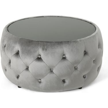 Velvet Upholstered Ottoman with Button Tufted and Tempered Glass Top In Smoke