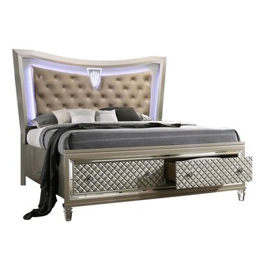 Venetian California King Platform Bed with Lights In Champagne Silver