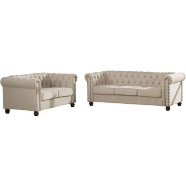 Venice 2 Pc Fabric Upholstered Sofa And Loveseat Set In Beige