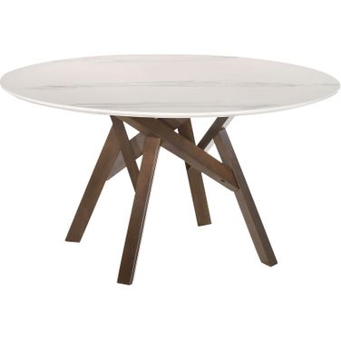 Venus 54 Inch Round Mid-Century Modern White Marble Dining Table with Walnut Wood Legs