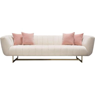 Venus Cream Fabric Sofa With Contrasting Pillows And Gold Finished Metal Base