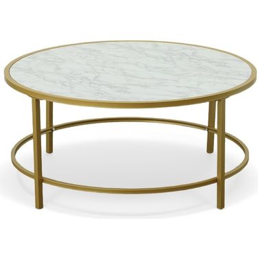 Verazano Faux Marble Top 36 Inch Round Coffee Table In Gold and White