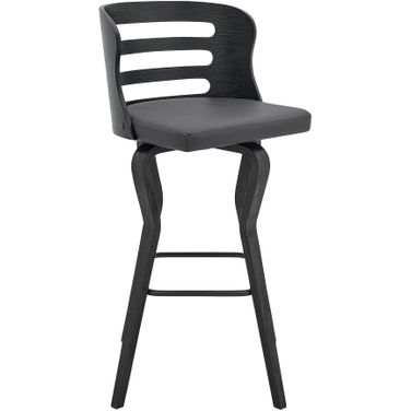 Verne 30 Inch Swivel Gray Faux Leather and Black Wood Bar Stool