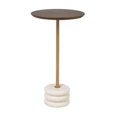 Verona Stacked Marble Base and Mango Wood Drink Table with Brass Post In Walnut