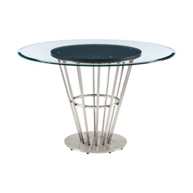 Veronica 48 Inch Round Dining Table In Brushed Stainless Steel Base with Walnut Panel and Glass Tabletop