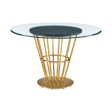 Veronica 48 Inch Round Dining Table In Gold Stainless Steel Base with Walnut Panel and Glass Tabletop