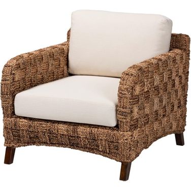 Vevina Wood and Seagrass Armchair In White and Natural Brown