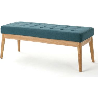 Vibratory Button Tufted Upholstered Ottoman with Splayed Wooden Legs In Teal and Natural