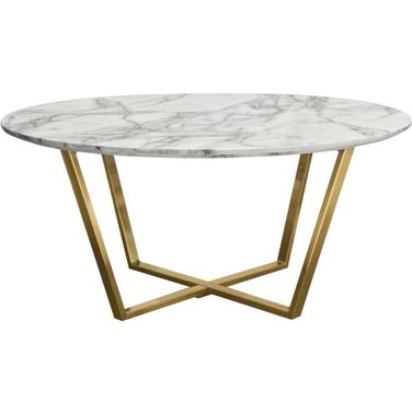Vida 35 Inch Round Cocktail Table With Faux Marble Top and Brushed Gold Metal Frame