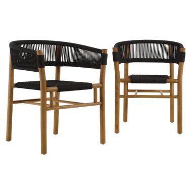 Vienna Outdoor Patio Teak and Rope Curved-Back Dining Armchairs Set of 2 In Natural and Black