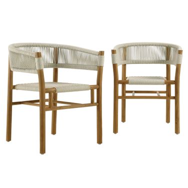 Vienna Outdoor Patio Teak and Rope Curved-Back Dining Armchairs Set of 2 In Natural