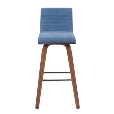 Vienna Swivel Bar Height Stool with Upholstered Seat and Wood Frame In Vintage Blue and Walnut