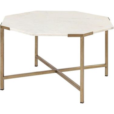 Vincent 33 Inch Octagonal White Marble Tabletop With Gold Metal Base Coffee Table