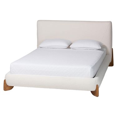 Vinicio Boucle Queen Platform Bed In Cream and Walnut Brown