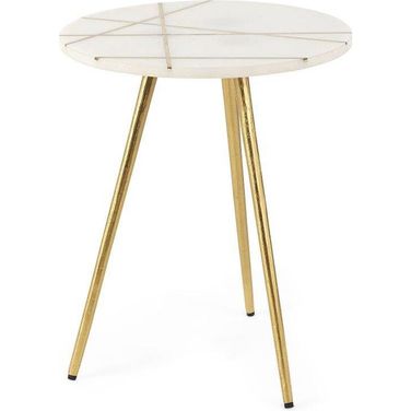 Vivienne White Marble With Antique Gold Metal Round Small Side Table