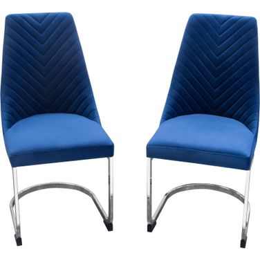 Vogue Set of 2 Dining Chairs in Navy Blue Velvet with Polished Silver Metal Base