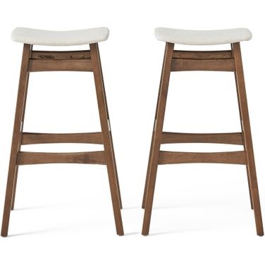 Vorticity Upholstered Barstool with Convenient Footrests and Wood Legs Set of 2 In Light Beige