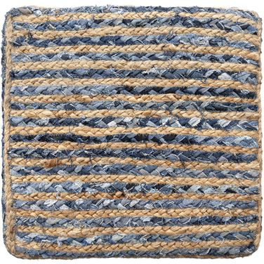 Vysta Striped Hand-Woven Cotton/Jute Square Ottoman Pouf In Denim and Beige