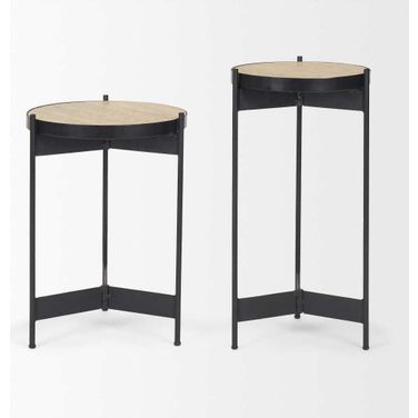 Wade Travertine Marble And Metal End Tables In Black and Beige