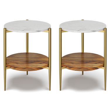 Wagner 18 Inch Round Marble and Wood Side Table Set of 2 In White and Natural