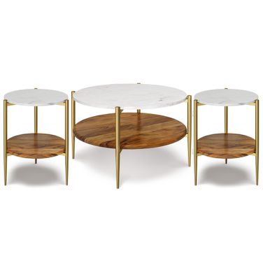 Wagner Solid Mango/Genuine Marble 30 Inch Coffee Table with 18 Inch End Tables Set of 3 In White and Natural
