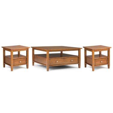 Warm Shaker Solid Wood 36 Inch Coffee Table with 20 Inch End Tables Set of 3 In Light Golden Brown