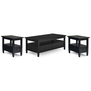 Warm Shaker Solid Wood 48 Inch Coffee Table with 14 Inch End Tables Set of 3 In Black
