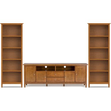 Warm Shaker Solid Wood 72 Inch TV Stand with 26 Inch Bookcases Set of 3 In Light Golden Brown