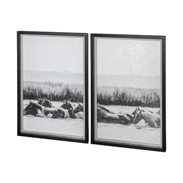 Water Horses III - 2 Piece Hand Embellished Textured Framed Art Photograph Print Matted Under Glass Wall Art In Black and White