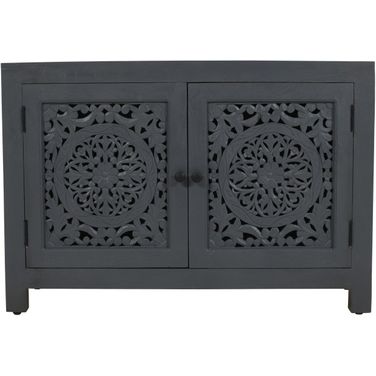 Waverly 2 Door Solid Wood Accent Cabinet With Hand-Carved Doors In Gray