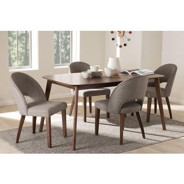 Wesley Mid-Century Modern Light Grey Fabric Upholstered Walnut Finished Wood 5-Piece Dining Set