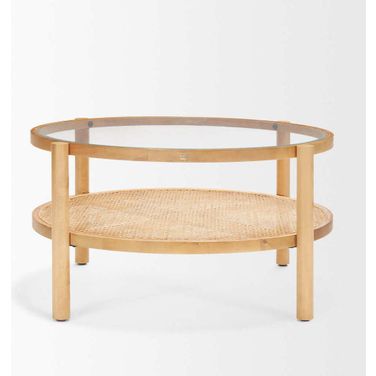 Weslyn Solid Wood And Glass Top with Cane Coffee Table In Brown