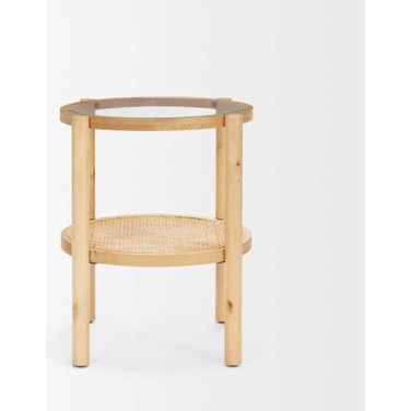 Weslyn Solid Wood And Glass Top with Cane Side Table In Brown