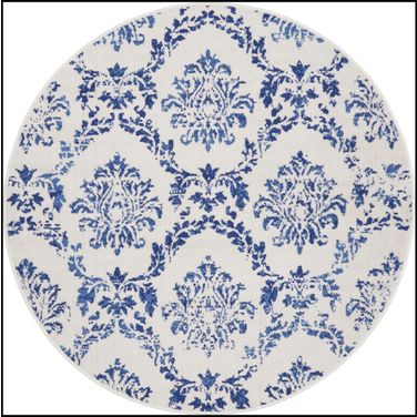 Whimsicle 5' x 5' Round Farmhouse Indoor Rug In Ivory and Navy