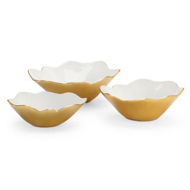 White Enameled Bowls (S3) In Cream and Gold