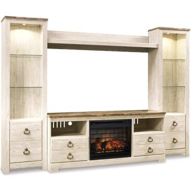 Willowton 4-Piece Entertainment Center with Electric Fireplace In White Wash