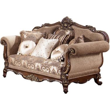 Winfrey Solid Wood And Chenille Loveseat In Cherry And Gold Trim