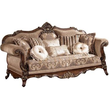 Winfrey Solid Wood And Chenille Sofa In Cherry And Gold Trim