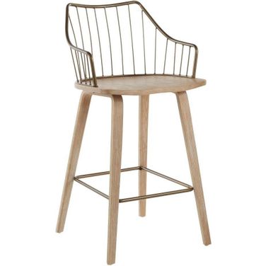 Winston Farmhouse Counter Stool In White Washed Wood And Antique Copper Metal