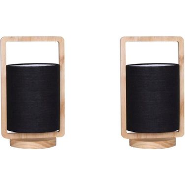 Wood 12 Inch Cylnder Table Lamps Set of 2 In Nature Wood And Black